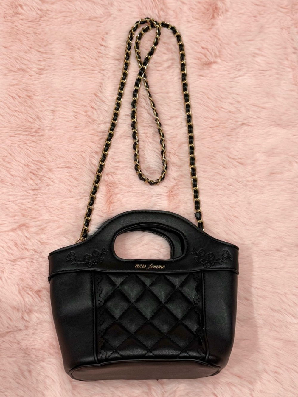 Axes Femme Black & Gold Leather Purse with Roses